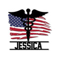 Patriotic paramedic metal sign featuring a black medical emblem over a distressed American flag