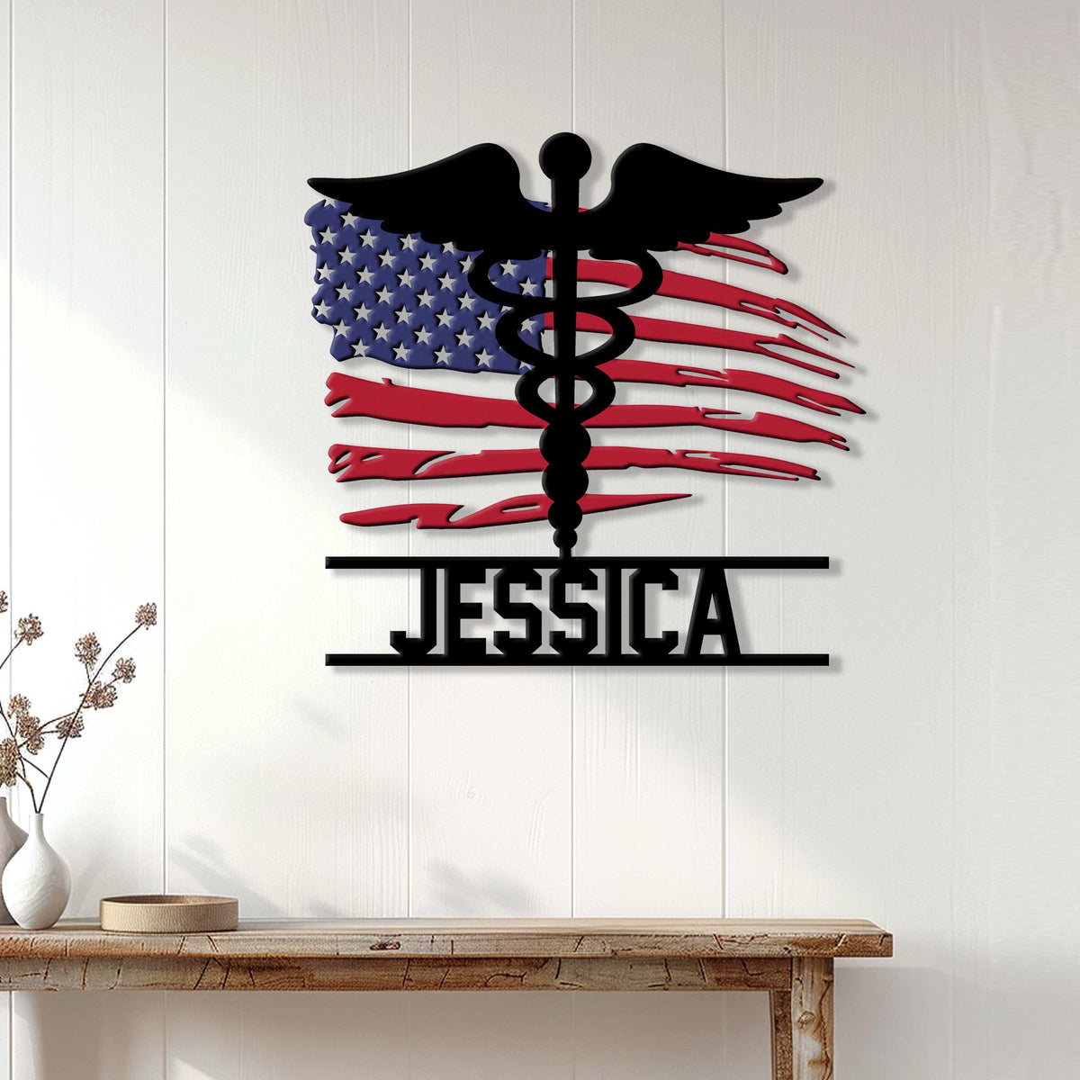 Patriotic paramedic wall sign displayed on a light paneled wall above a wood console table