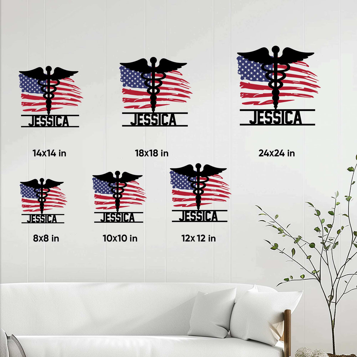 Paramedic metal sign size guide showing multiple square size options in a home wall setting