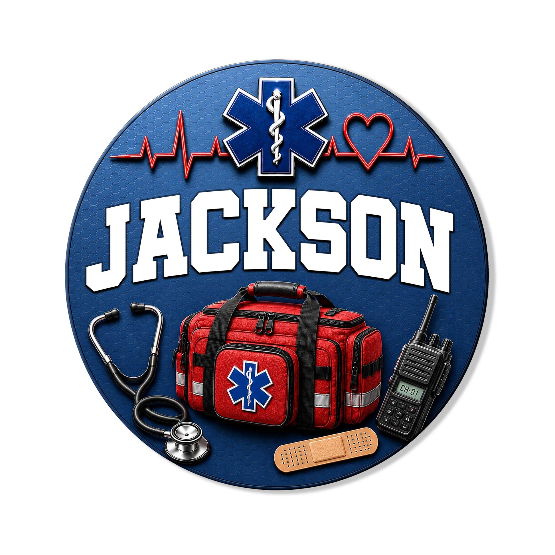 Paramedic metal sign featuring a Star of Life, heartbeat line, heart, medical bag, stethoscope, radio, and bandage