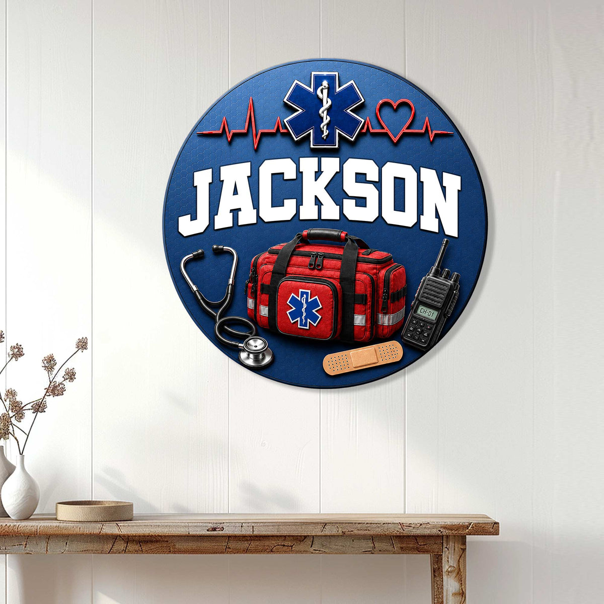 Paramedic metal wall sign displayed on a white paneled wall above a wooden console table