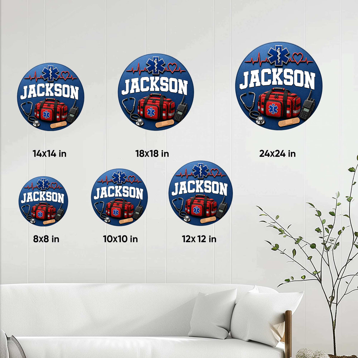 Paramedic metal sign size guide showing available round sign sizes from 8 by 8 to 24 by 24 inches