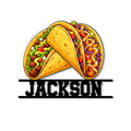 Custom taco metal sign featuring three colorful loaded tacos and bold decorative lettering