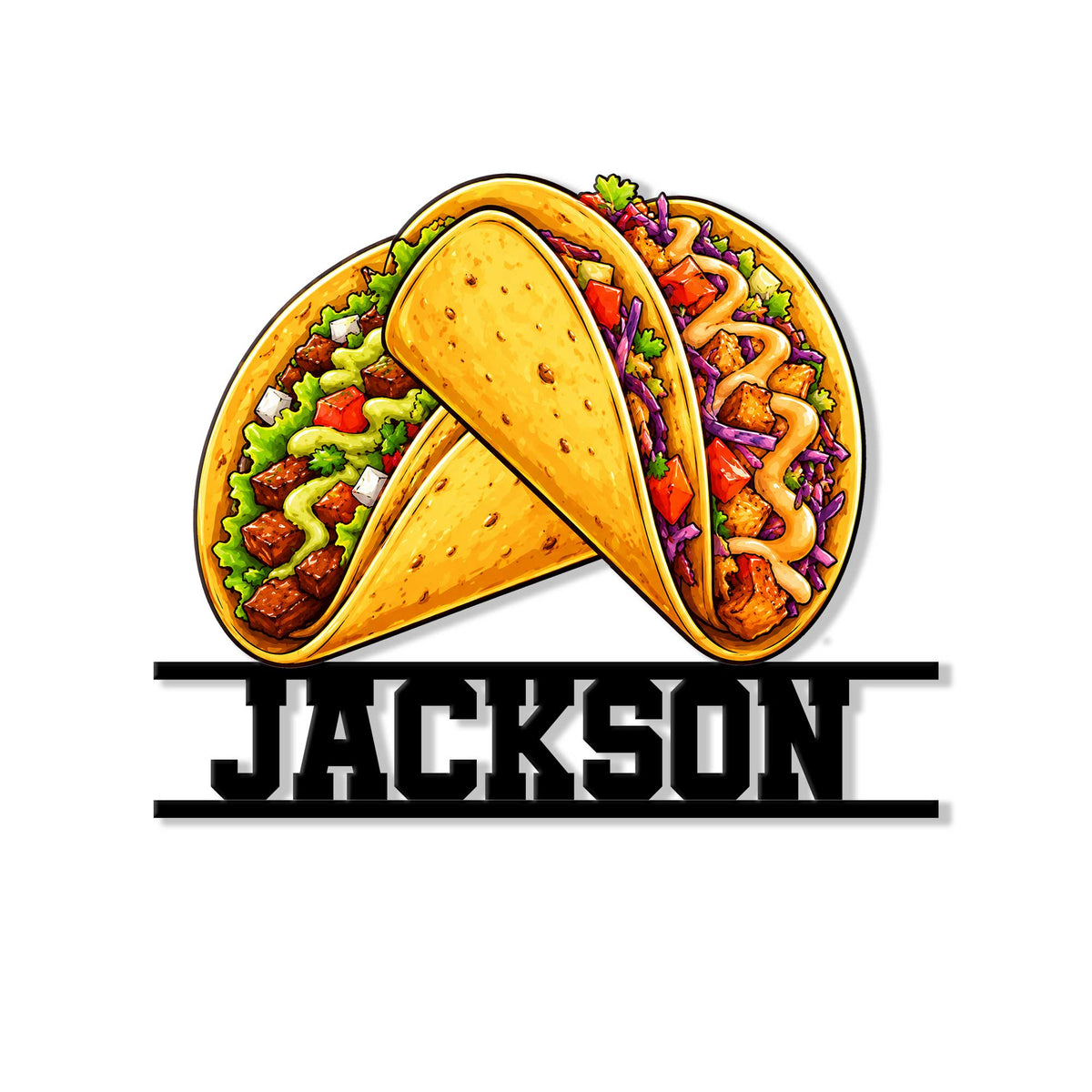 Custom taco metal sign featuring three colorful loaded tacos and bold decorative lettering