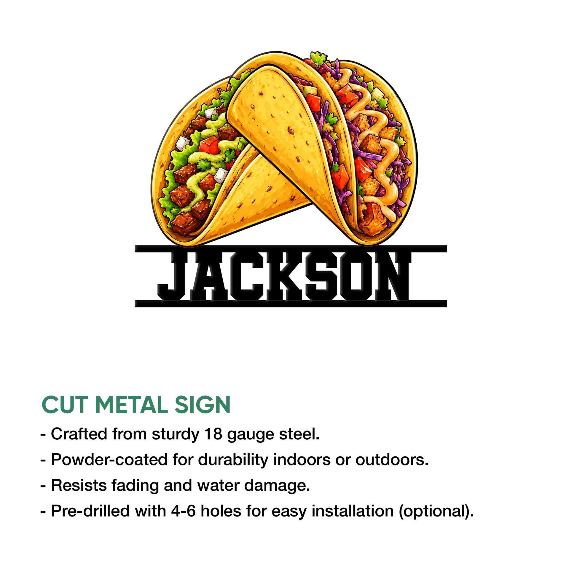Taco metal sign with a vibrant trio of filled tacos shown above bold lettering