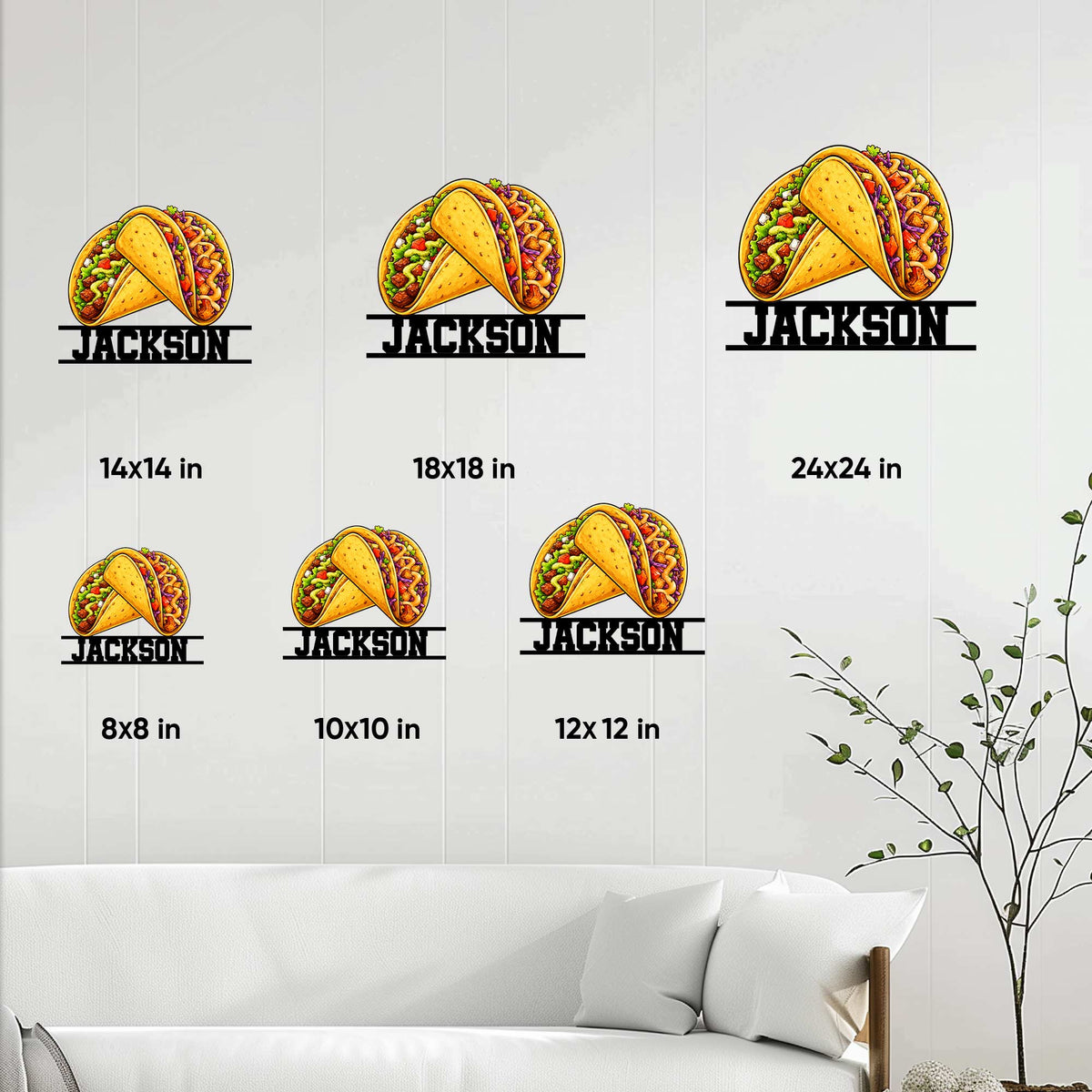 Taco metal sign size guide showing available square sizes from 8 by 8 to 24 by 24 inches