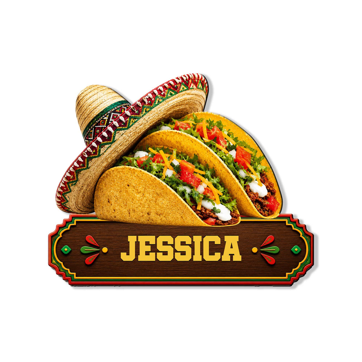 Custom taco metal sign featuring three loaded tacos, colorful sombreros, and a rustic decorative border