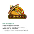 Taco metal sign product graphic showing loaded tacos, sombreros, and a decorative cut-metal design