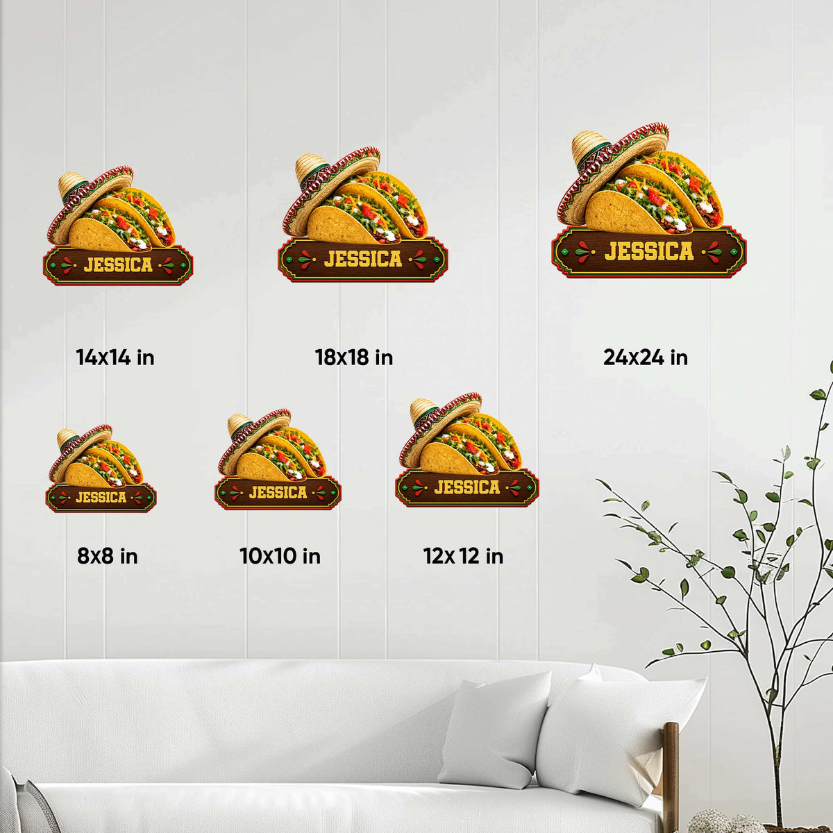 Taco metal sign size guide showing six available square sizes from 8 by 8 to 24 by 24 inches