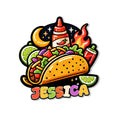 Colorful taco metal sign featuring a crunchy taco, hot sauce, lime wedges, flames, and crescent moon accents