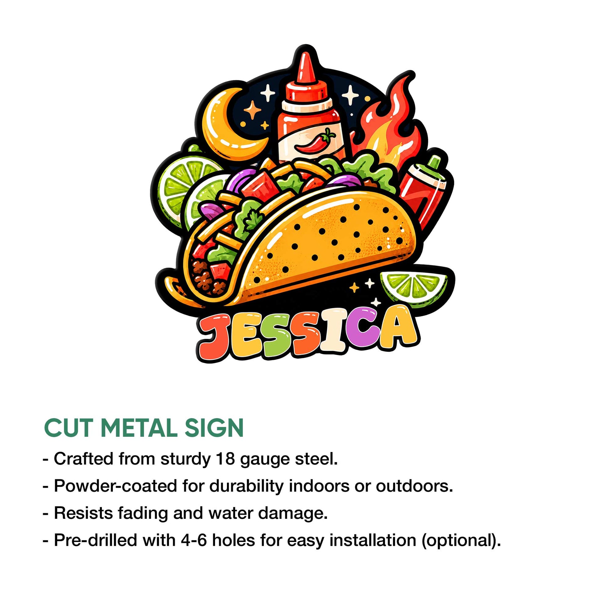 Taco cut metal sign shown with a vibrant hot sauce and taco design alongside product feature information