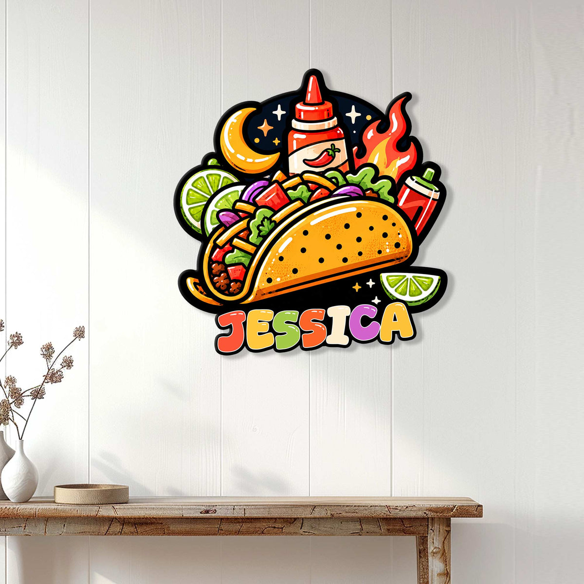 Colorful custom taco metal sign displayed as kitchen wall decor above a wooden console table