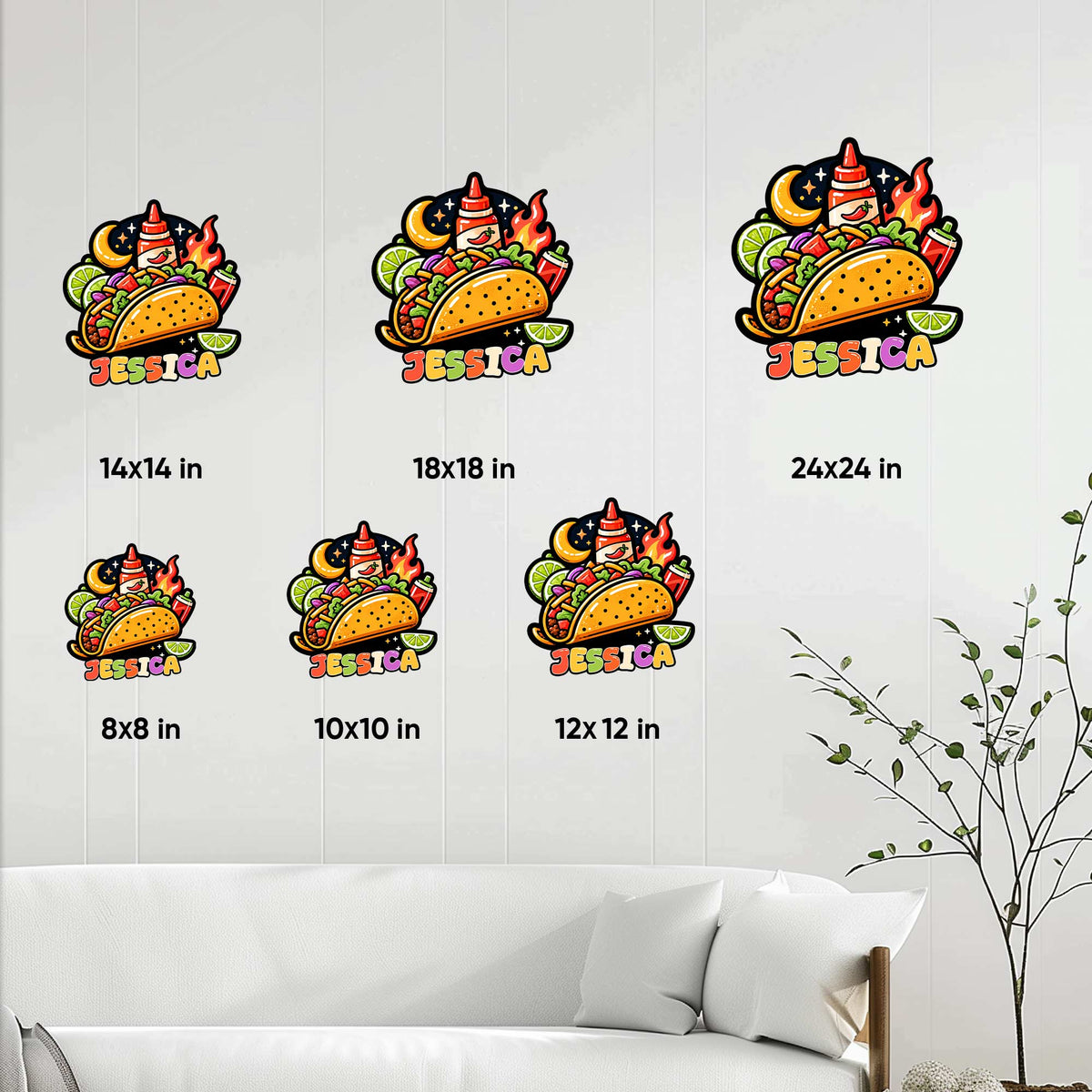 Taco metal sign size guide showing available square sizes from 8 by 8 to 24 by 24 inches