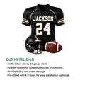 Football jersey metal sign shown with a helmet and football beside a cut metal sign feature infographic