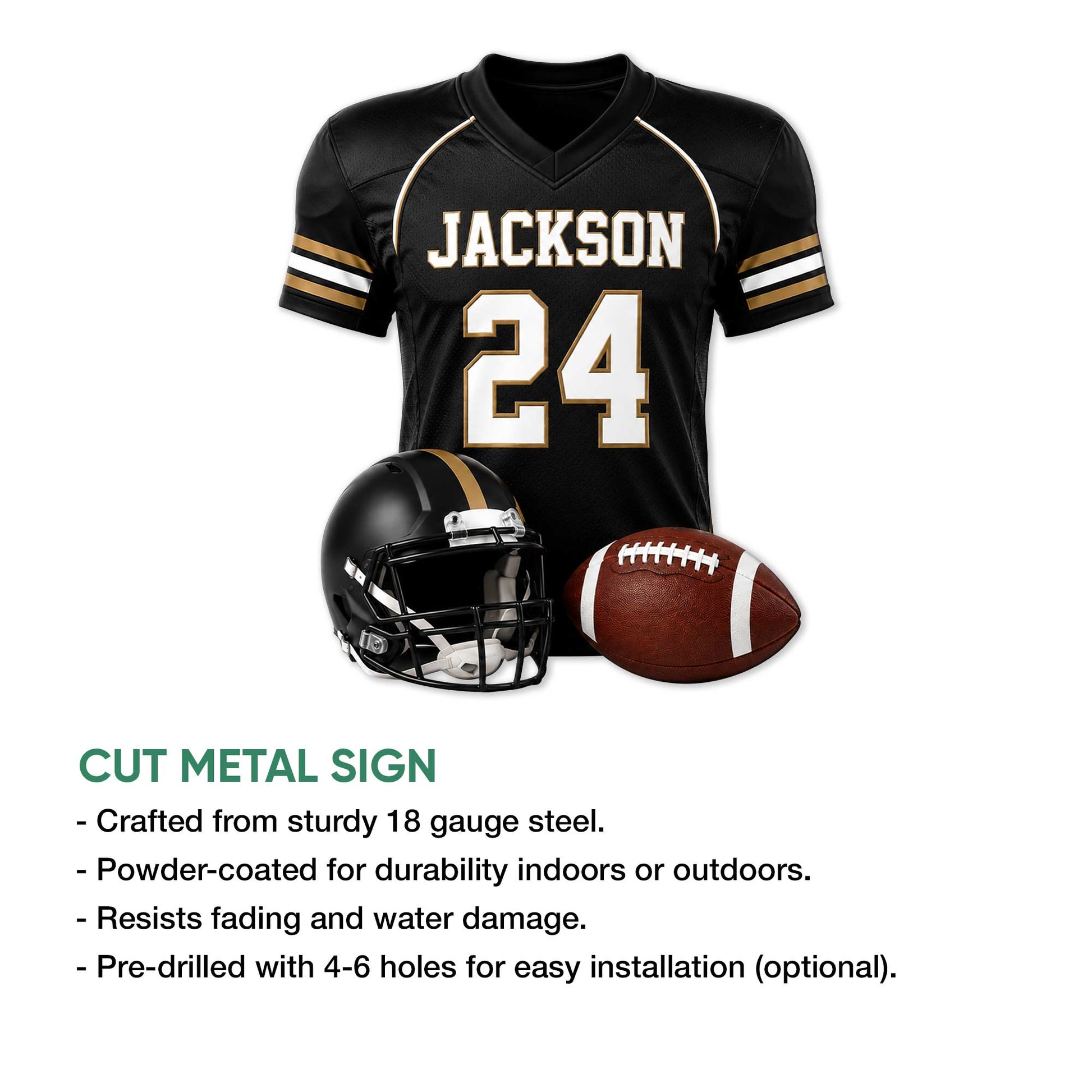 Football jersey metal sign shown with a helmet and football beside a cut metal sign feature infographic