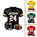 Football jersey metal sign design shown in black, yellow, green, and red color variations