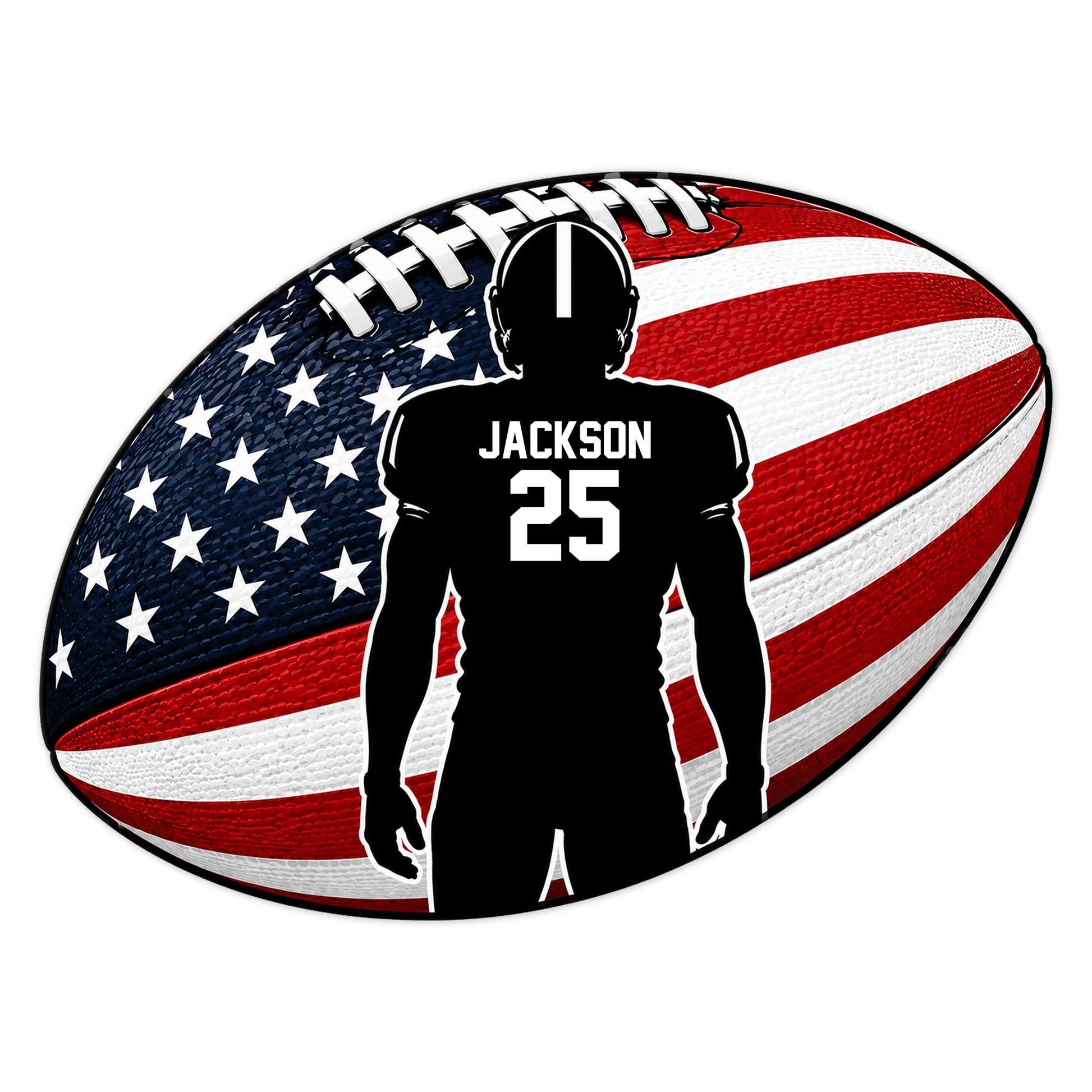 American football player silhouette on a red, white, and blue football-shaped metal sign