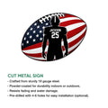 Football metal sign feature graphic showing a player silhouette and American flag-inspired football design
