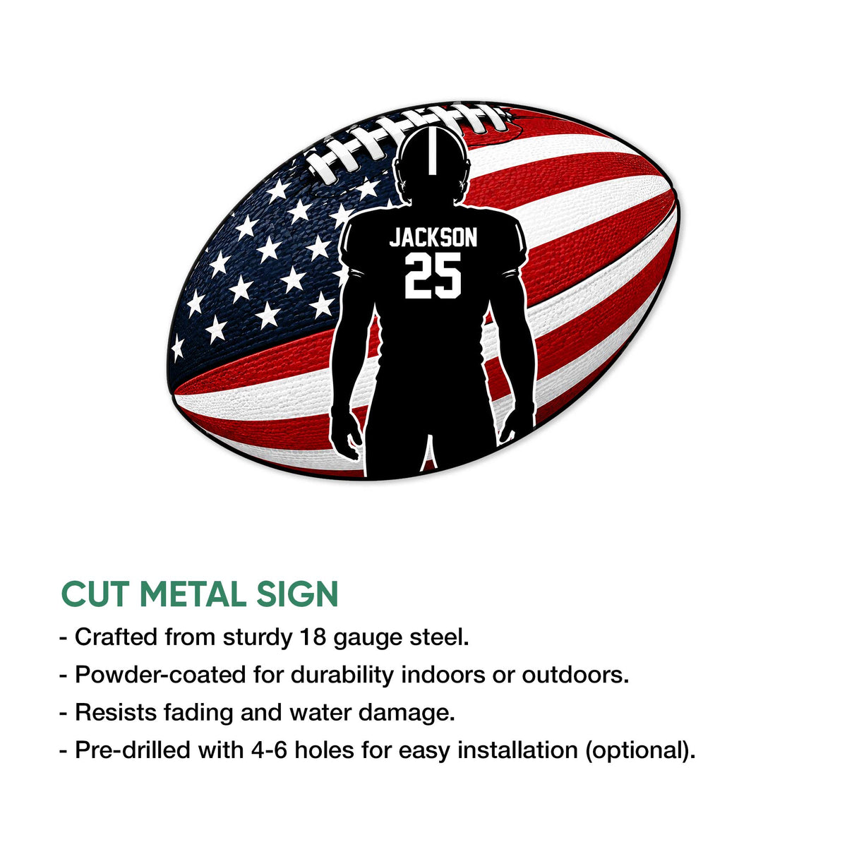 Football metal sign feature graphic showing a player silhouette and American flag-inspired football design