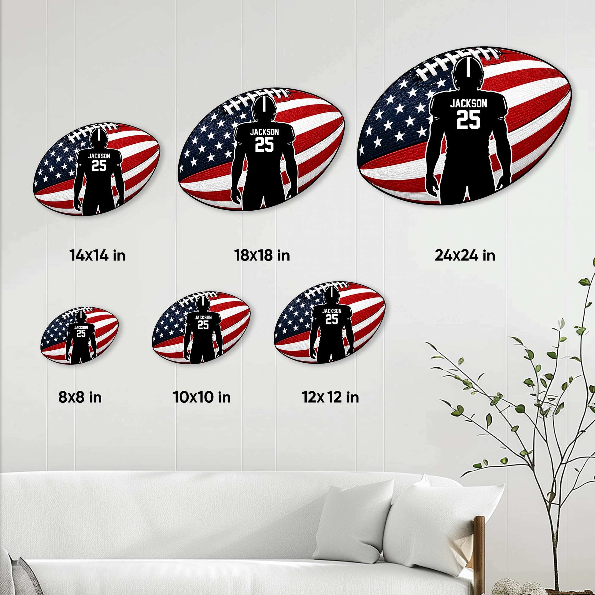 Football metal sign size guide showing multiple size options in a living room setting