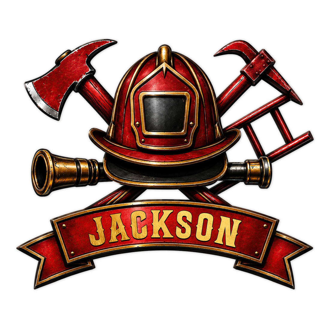 Custom firefighter metal sign featuring a red helmet, crossed axes, ladder, hose nozzle, and banner design