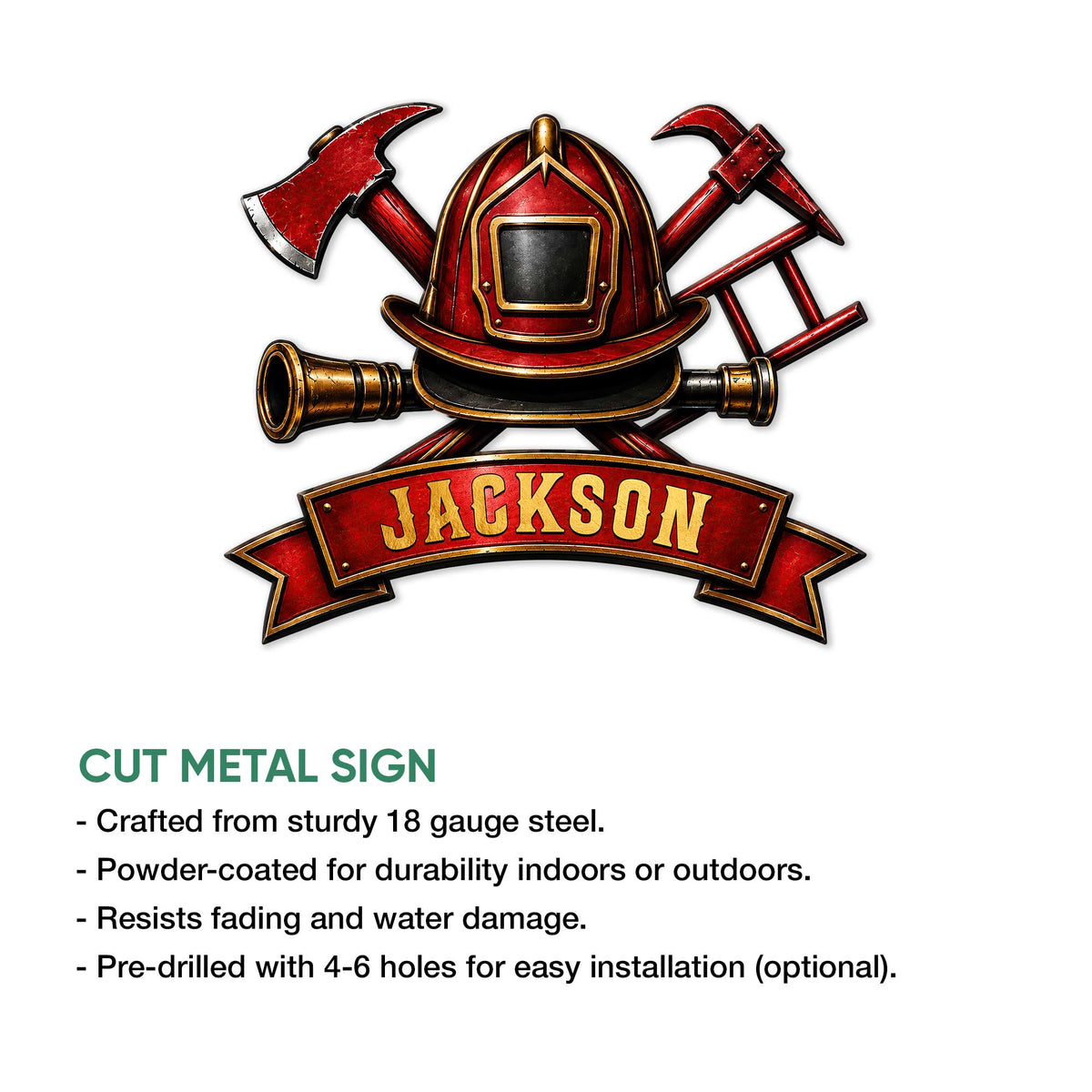 Firefighter metal sign shown with a red helmet emblem, crossed firefighting tools, hose nozzle, and banner