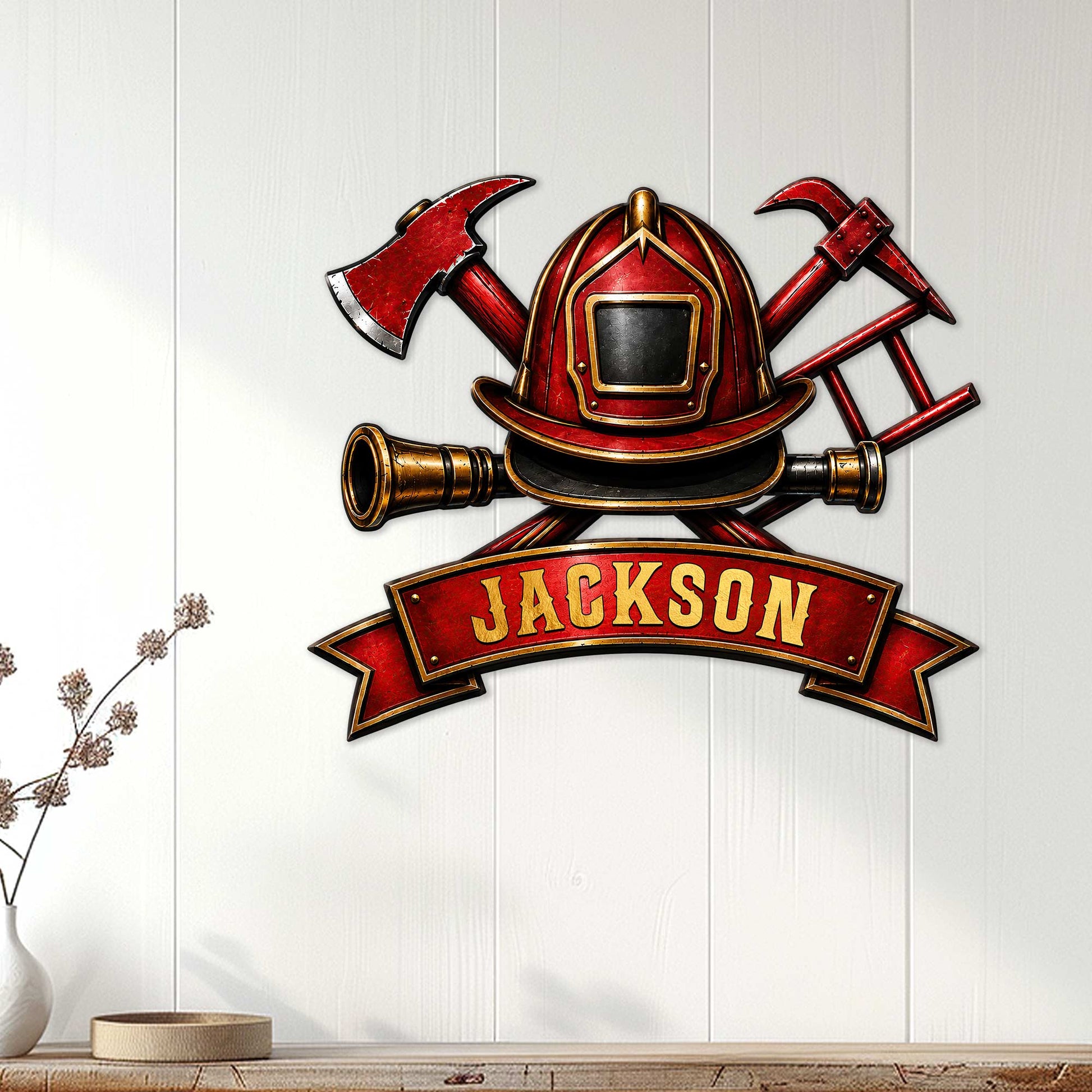 Firefighter wall sign displayed on a light paneled wall above a console, featuring a helmet and crossed tools