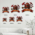 Firefighter metal sign size guide showing 8x8, 10x10, 12x12, 14x14, 18x18, and 24x24 inch options