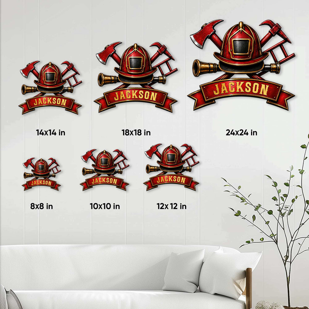 Firefighter metal sign size guide showing 8x8, 10x10, 12x12, 14x14, 18x18, and 24x24 inch options