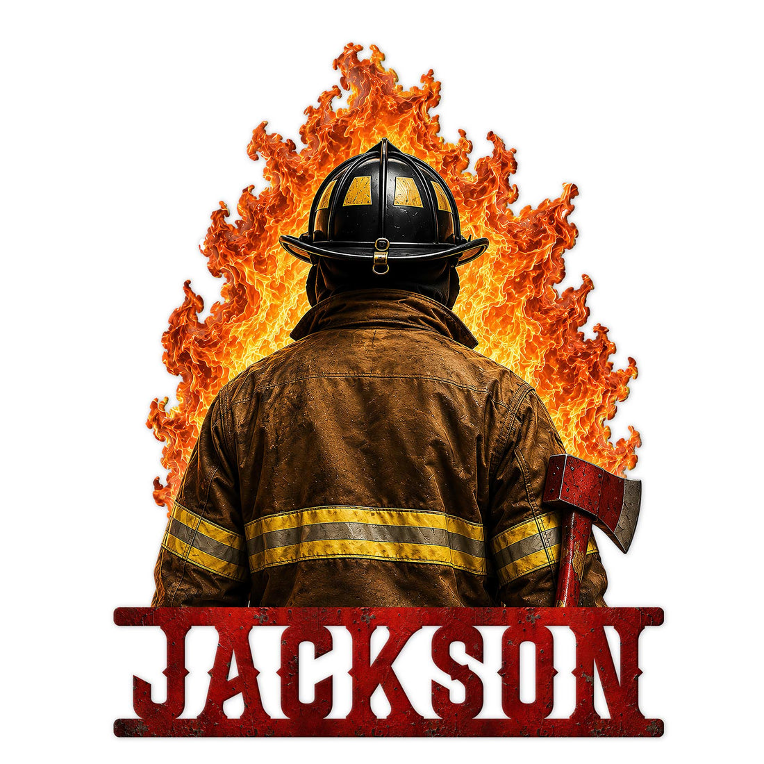 Custom firefighter metal sign featuring a helmeted firefighter in turnout gear, axe, and dramatic flames