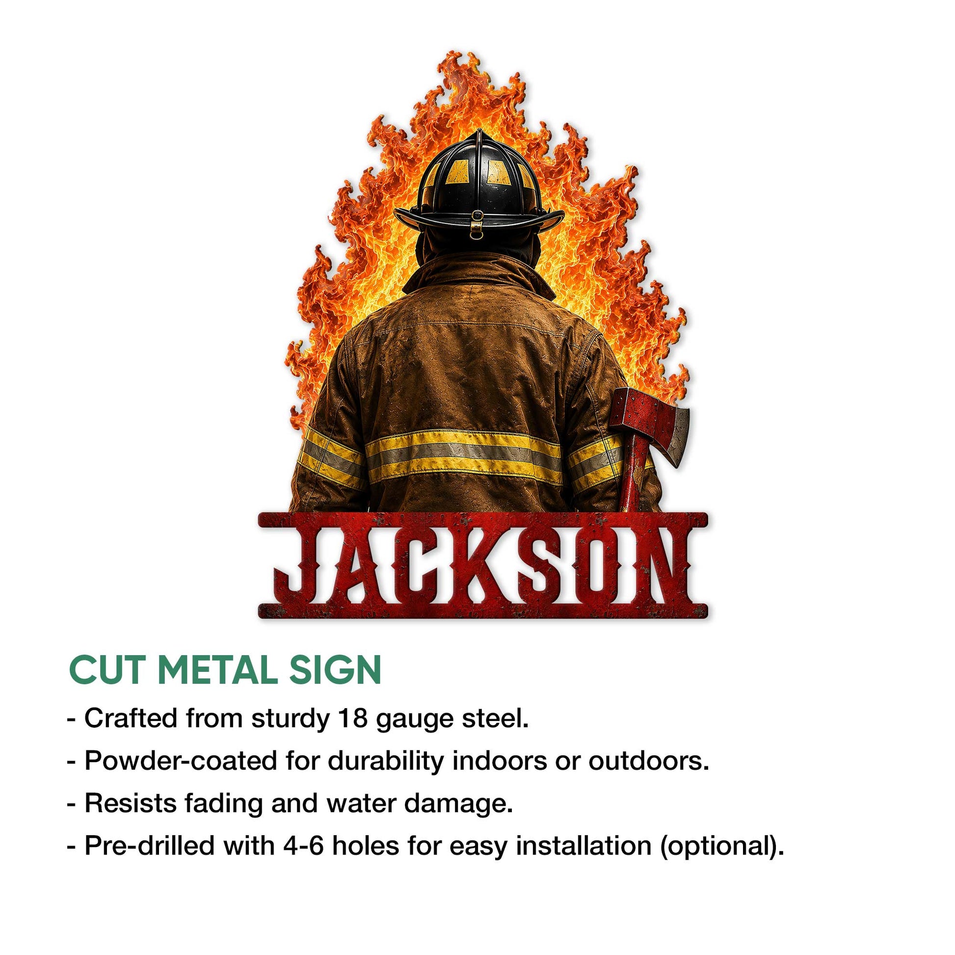 Firefighter metal sign displayed with a cut-metal feature and installation information guide