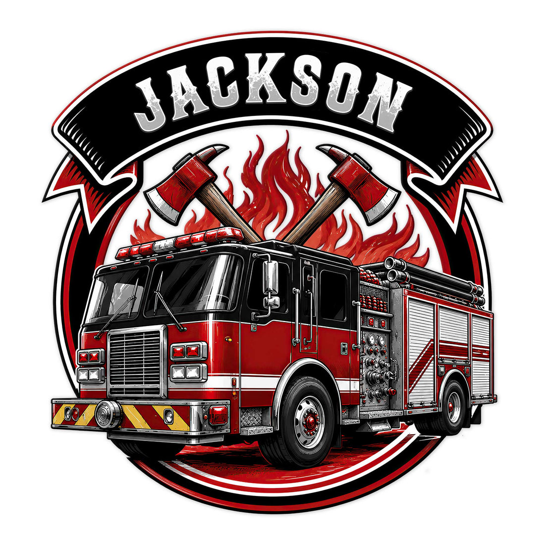 Firefighter metal sign featuring a detailed red fire truck, crossed axes, flames, and a bold emblem design