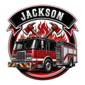 Firefighter metal sign featuring a detailed red fire truck, crossed axes, flames, and a bold emblem design