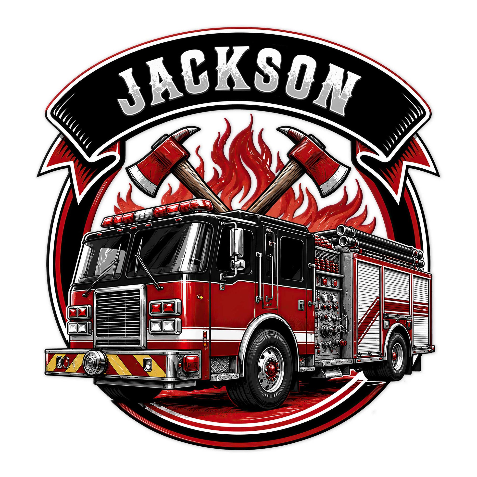 Firefighter metal sign featuring a detailed red fire truck, crossed axes, flames, and a bold emblem design