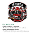 Firefighter metal sign feature graphic showing a red fire truck emblem and cut metal sign presentation