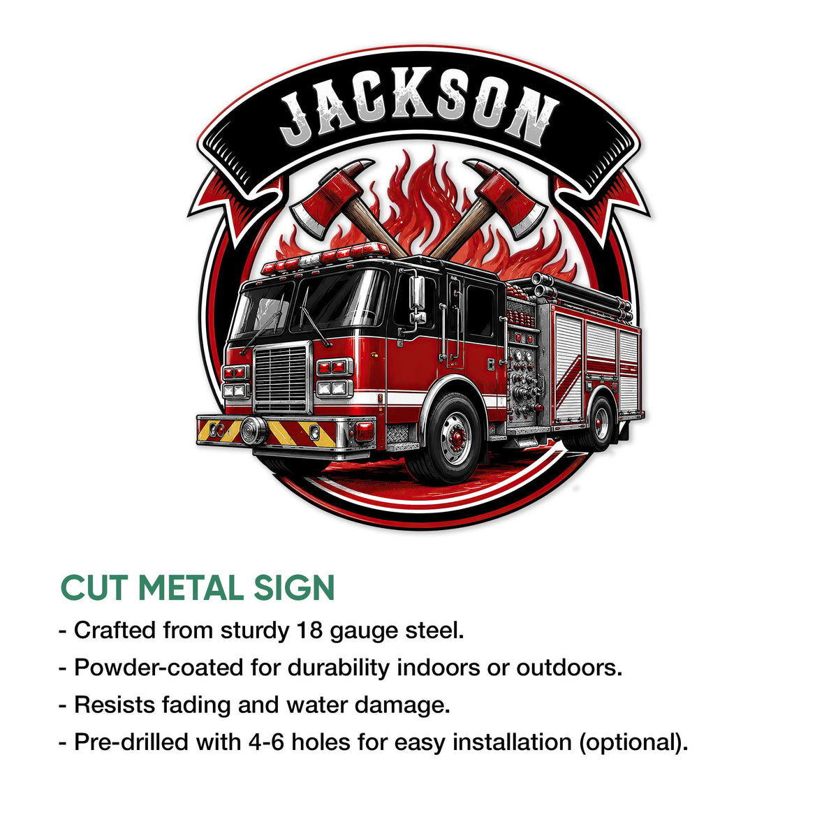 Firefighter metal sign feature graphic showing a red fire truck emblem and cut metal sign presentation