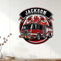 Firefighter wall sign displayed on a light wood-paneled wall above a console table