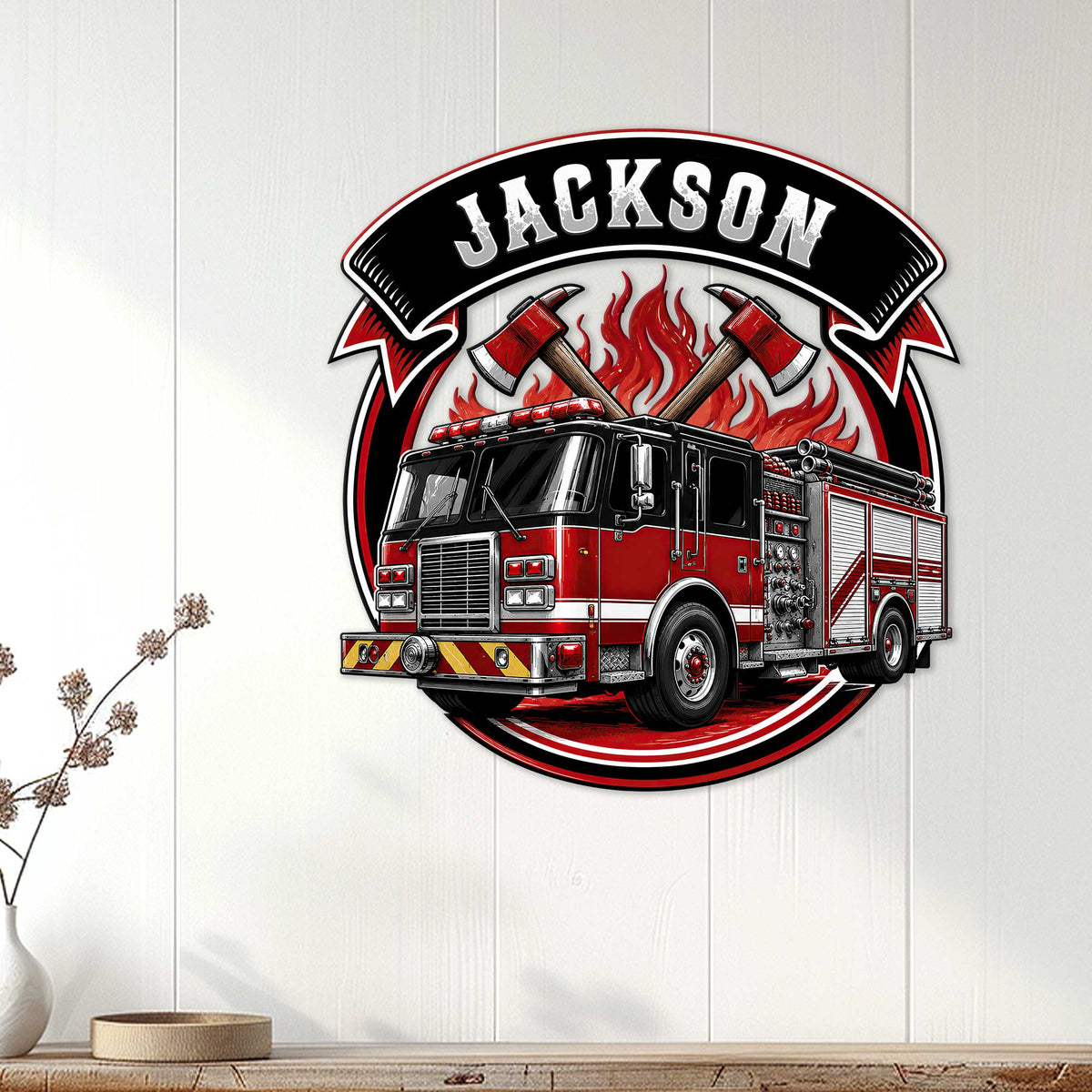 Firefighter wall sign displayed on a light wood-paneled wall above a console table