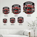 Firefighter metal sign size guide showing available square sizes from 8 by 8 to 24 by 24 inches