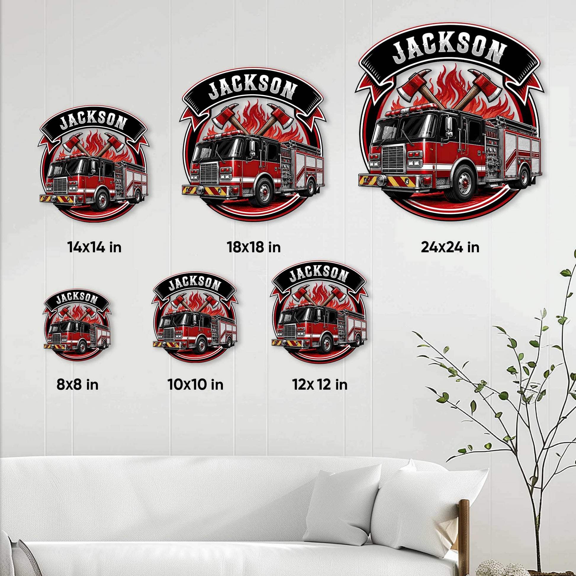 Firefighter metal sign size guide showing available square sizes from 8 by 8 to 24 by 24 inches