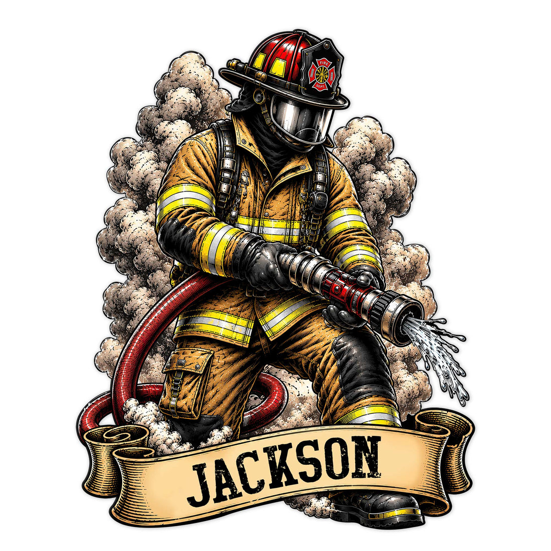 Custom firefighter metal sign featuring a fully geared firefighter spraying water through smoke and flames