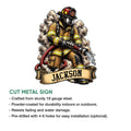 Firefighter metal sign shown with cut-steel construction and indoor or outdoor display information