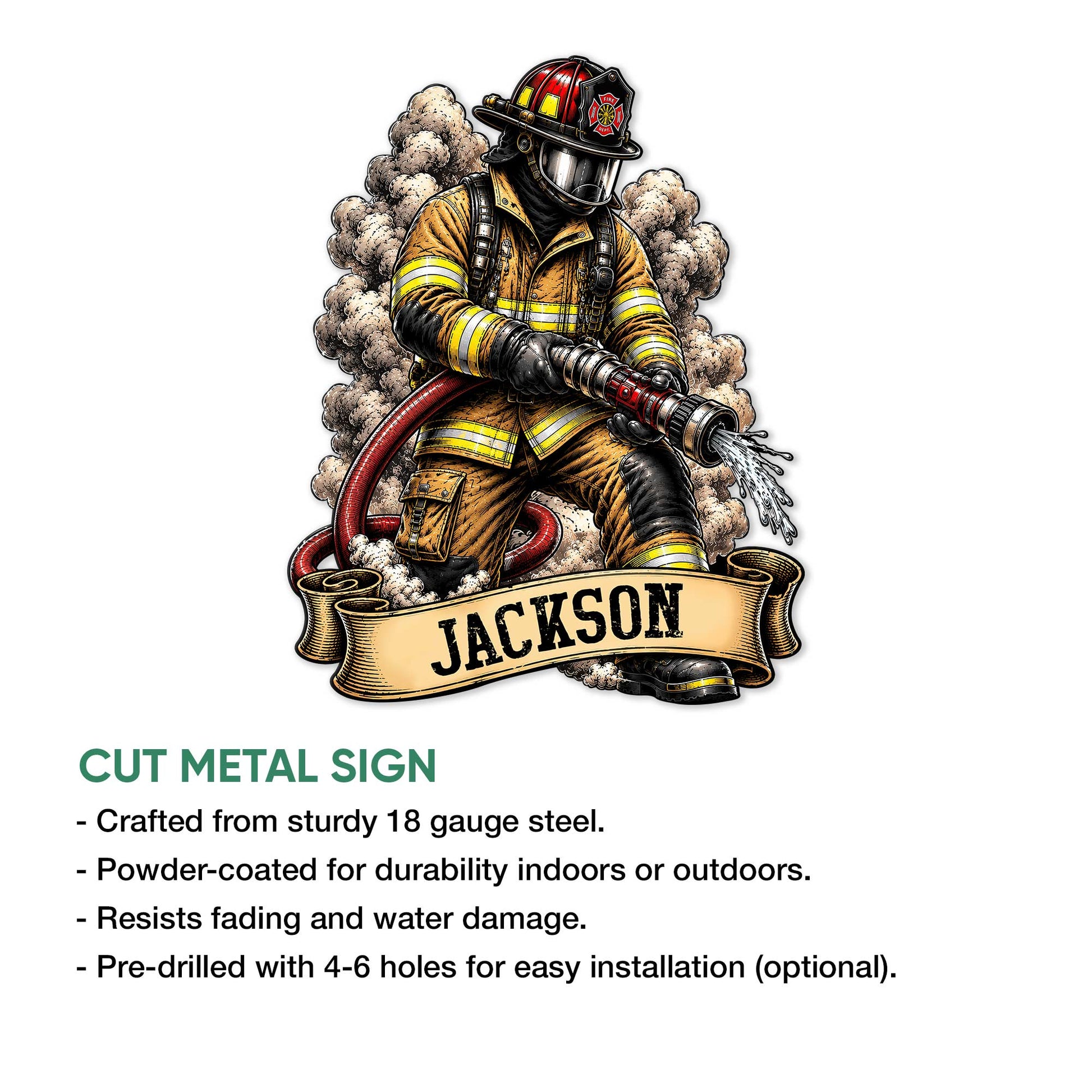Firefighter metal sign shown with cut-steel construction and indoor or outdoor display information