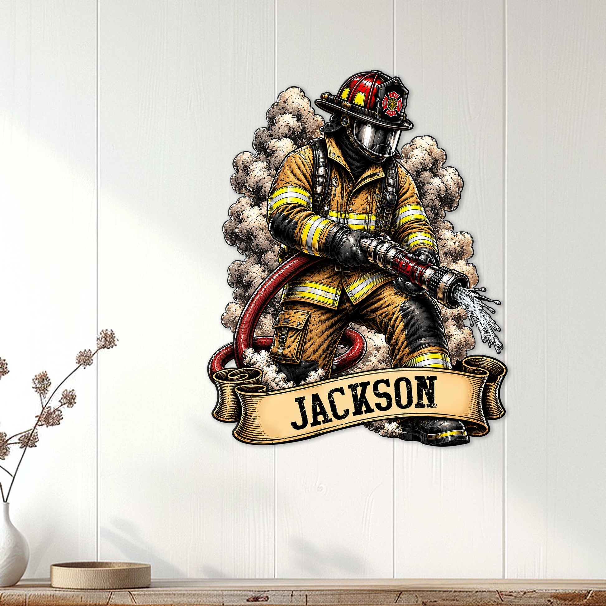 Firefighter wall sign displayed on a white paneled wall as bold home decor