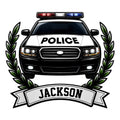 Custom police car metal sign featuring a front-facing patrol vehicle, flashing light bar, laurel branches, and banner