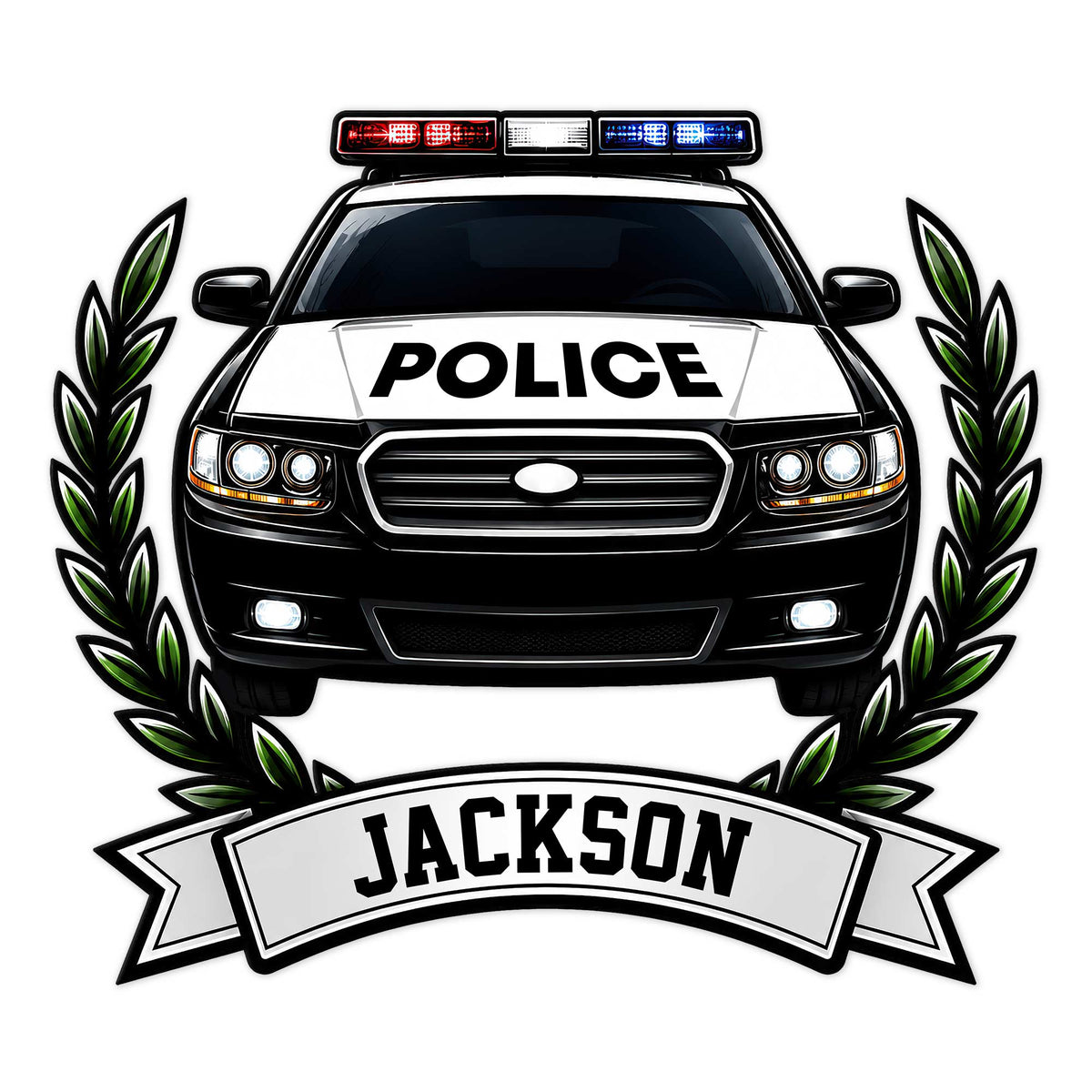 Custom police car metal sign featuring a front-facing patrol vehicle, flashing light bar, laurel branches, and banner
