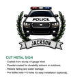 Police car cut metal sign feature graphic showing the patrol vehicle and laurel wreath design