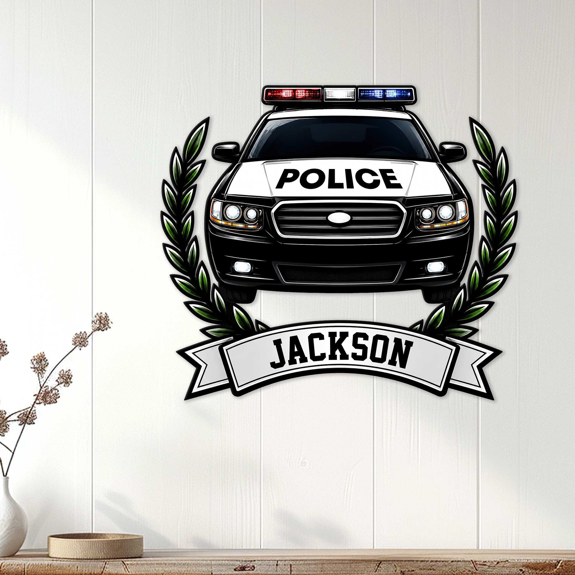 Police car wall sign displayed on a light wood-paneled wall with a bold laurel and banner design
