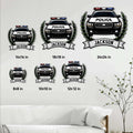 Police car metal sign size guide showing available square sizes from 8 by 8 to 24 by 24 inches