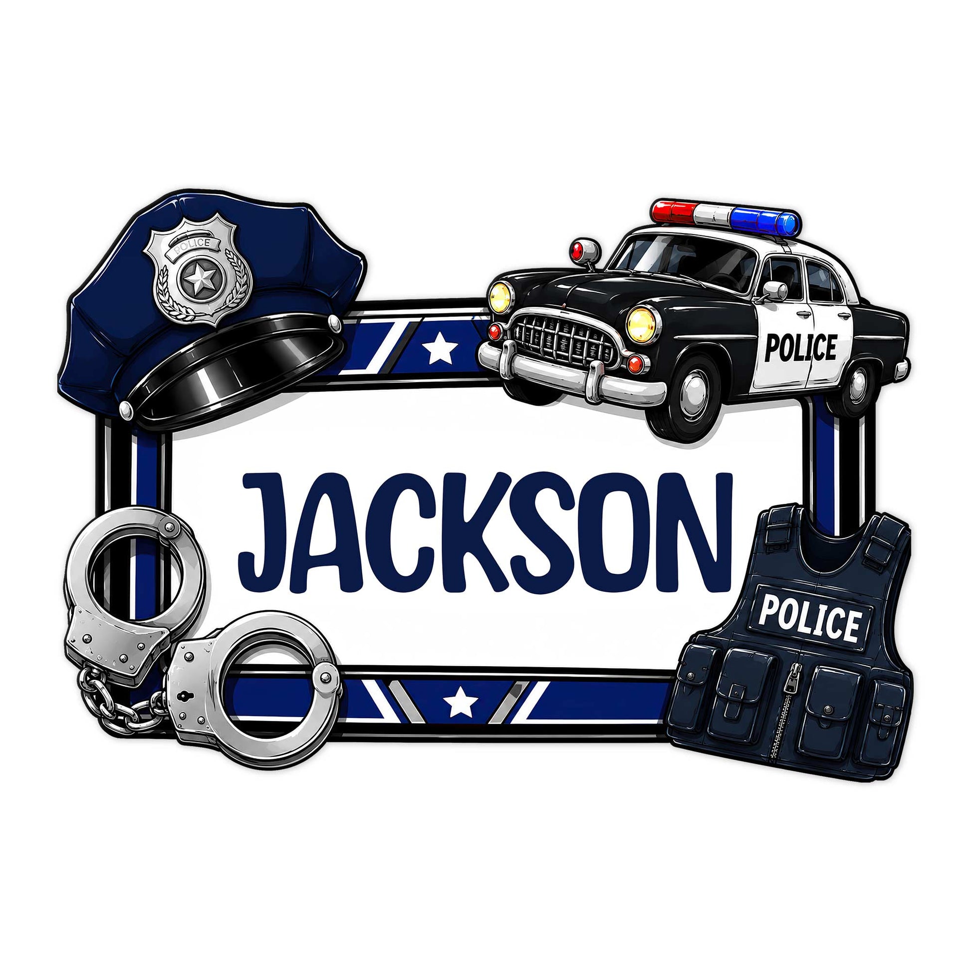 Custom police officer metal sign featuring a badge, patrol car, handcuffs, police vest, and blue stripe design